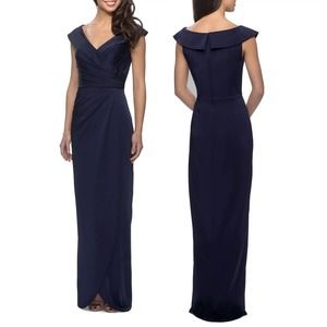 La Femme Navy Blue Surplice Off the Shoulder Column Gown NWOT Size 14